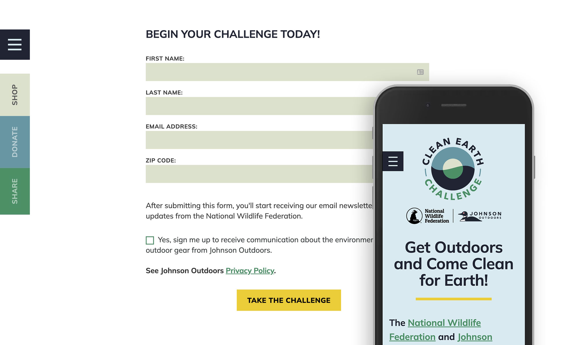 Clean Earth Challenge website signup and homepage mobile screen